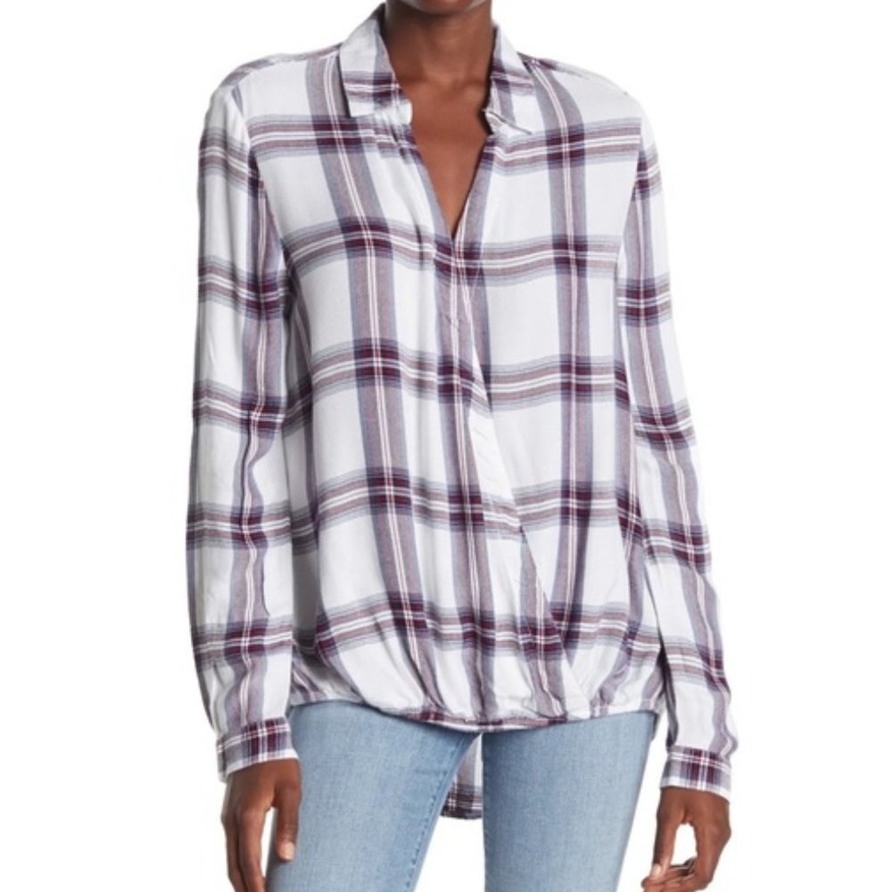 BEACHLUNCHLOUNGE Harper wrap front bias plaid super soft long sleeve flannel top